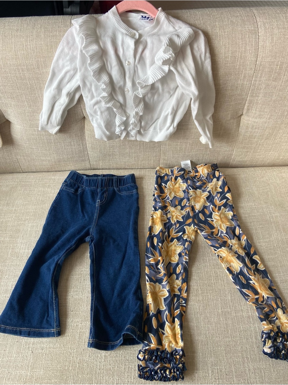 Girls 3-Piece Outfit Set — White Ruffle Cardigan + Navy Jeans + Floral Pants